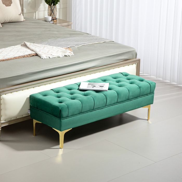 Banc banquette capitonnée style classique chic dim. 118L x 45l x 42H cm piètement métal doré velours vert