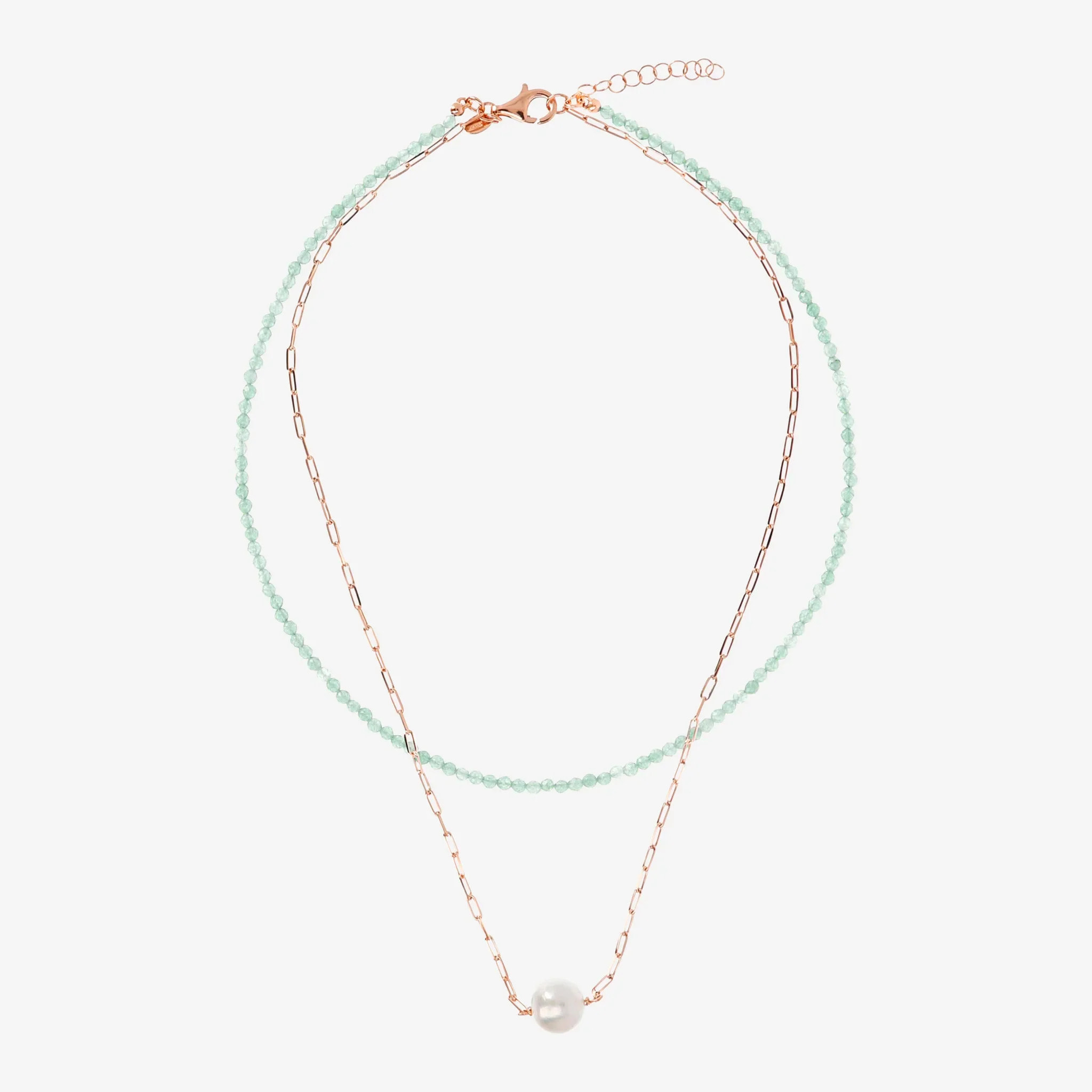 PERLAVIVA - Doppia Collana con Quarzite Verde Acqua e Perla Ming Bianca Ø 11 mm in Argento 925 placcato Oro Rosa 18Kt