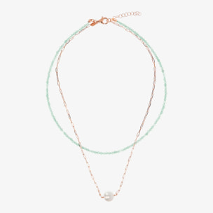 PERLAVIVA - Doppia Collana con Quarzite Verde Acqua e Perla Ming Bianca Ø 11 mm in Argento 925 placcato Oro Rosa 18Kt