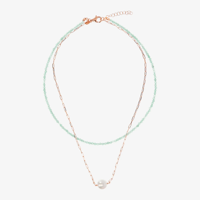 PERLAVIVA - Doppia Collana con Quarzite Verde Acqua e Perla Ming Bianca Ø 11 mm in Argento 925 placcato Oro Rosa 18Kt