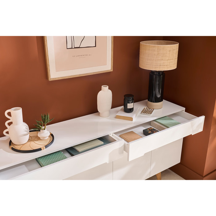 Buffet scandinave blanc brillant et finition bois clair 4 portes 2 tiroirs L180 cm MELKA