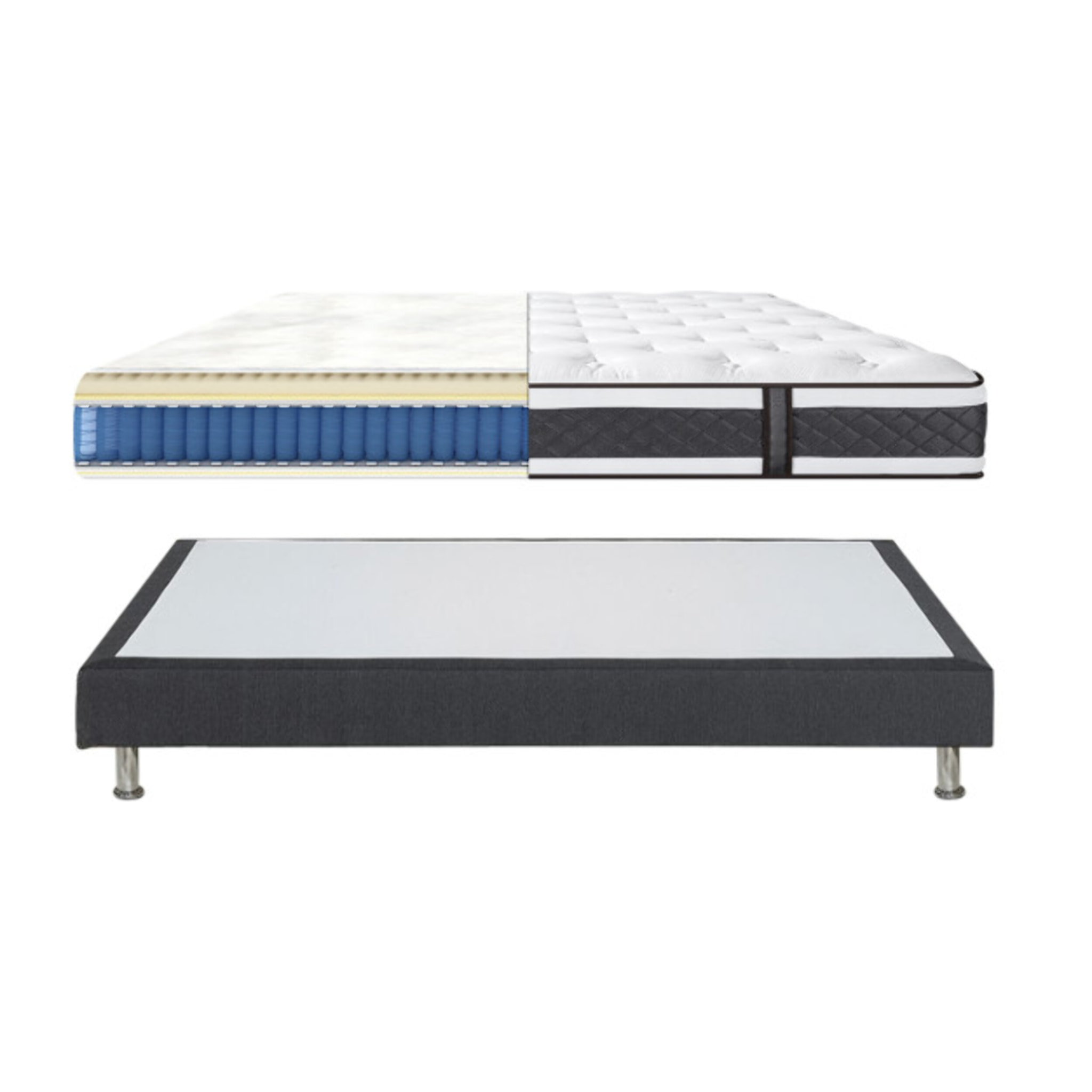 Ensemble matelas et sommier 90x190 cm en tissu gris - LOIRE