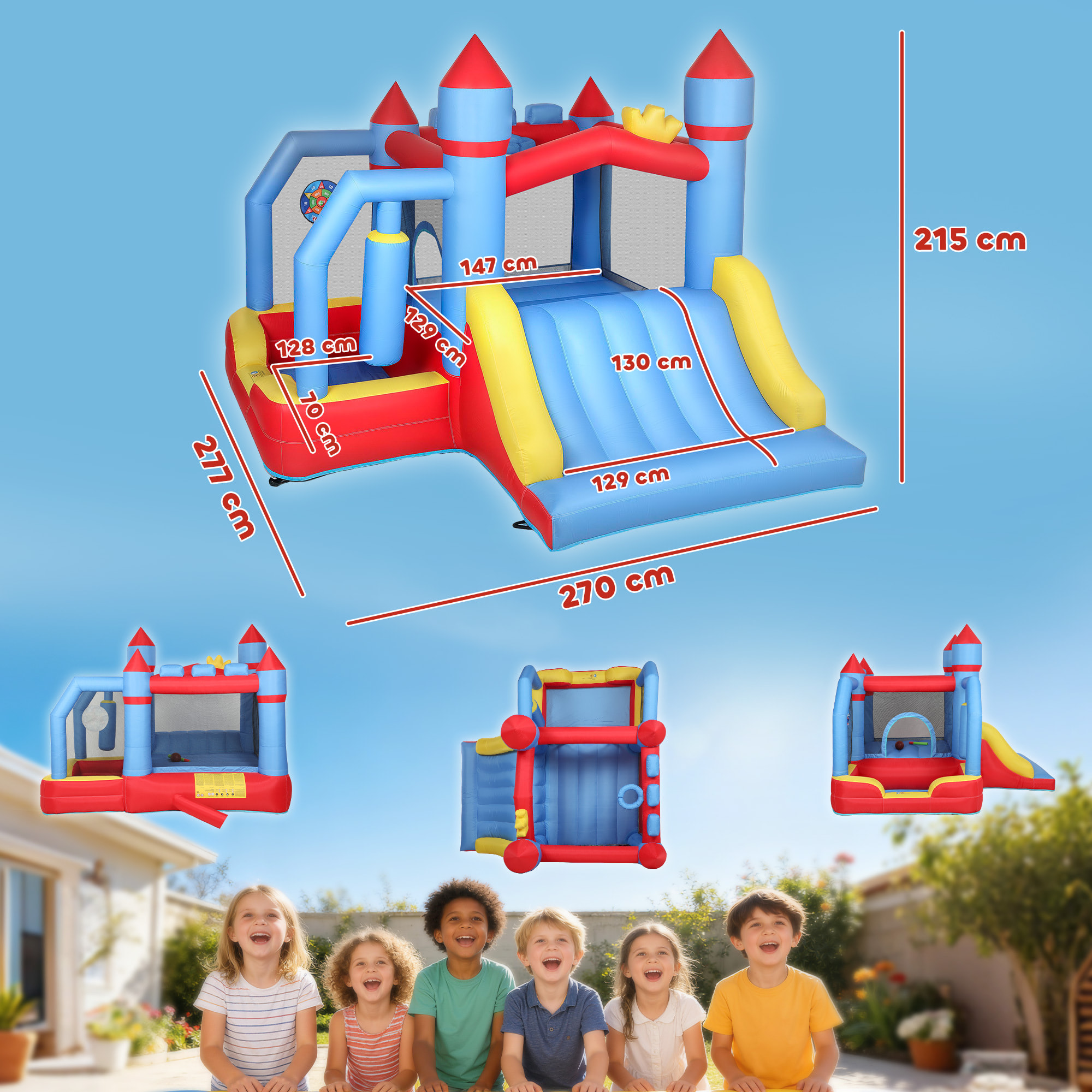 Castillo Hinchable para Niños con Soplador, Castillo Hinchable con Tobogán, Trampolín, Piscina, Pilar de Boxeo y Aro de Baloncesto, para Niños 3-8 Años, Interior y Exterior, 277x270x215 cm