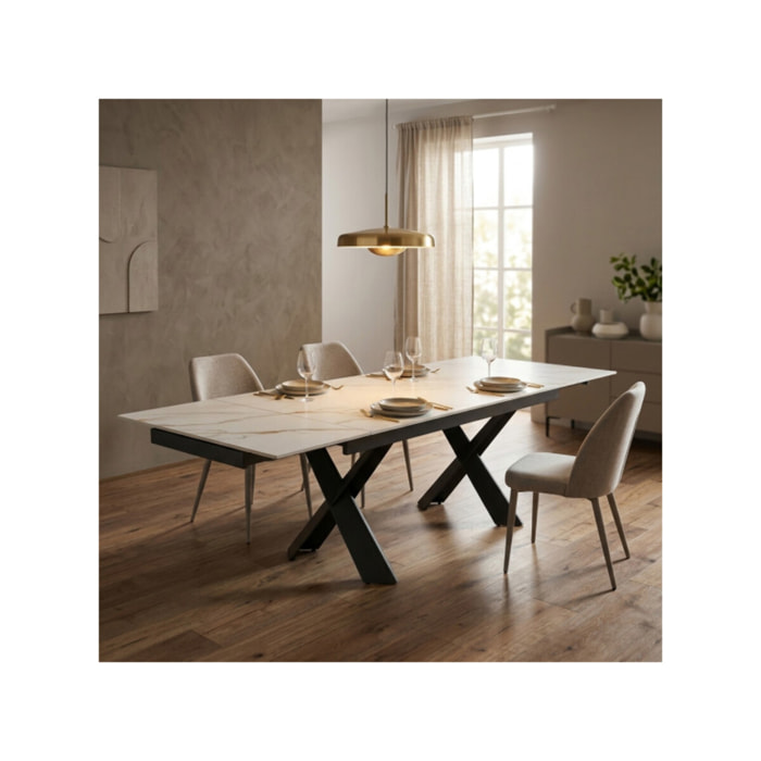 Table à manger extensible 200/300cm céramique blanc effet marbré - NYLA