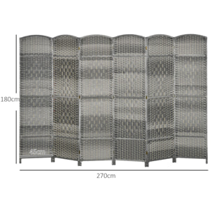 Paravent intérieur 6 panneaux pliables en bois séparateur de pièce style bohème tissé gris