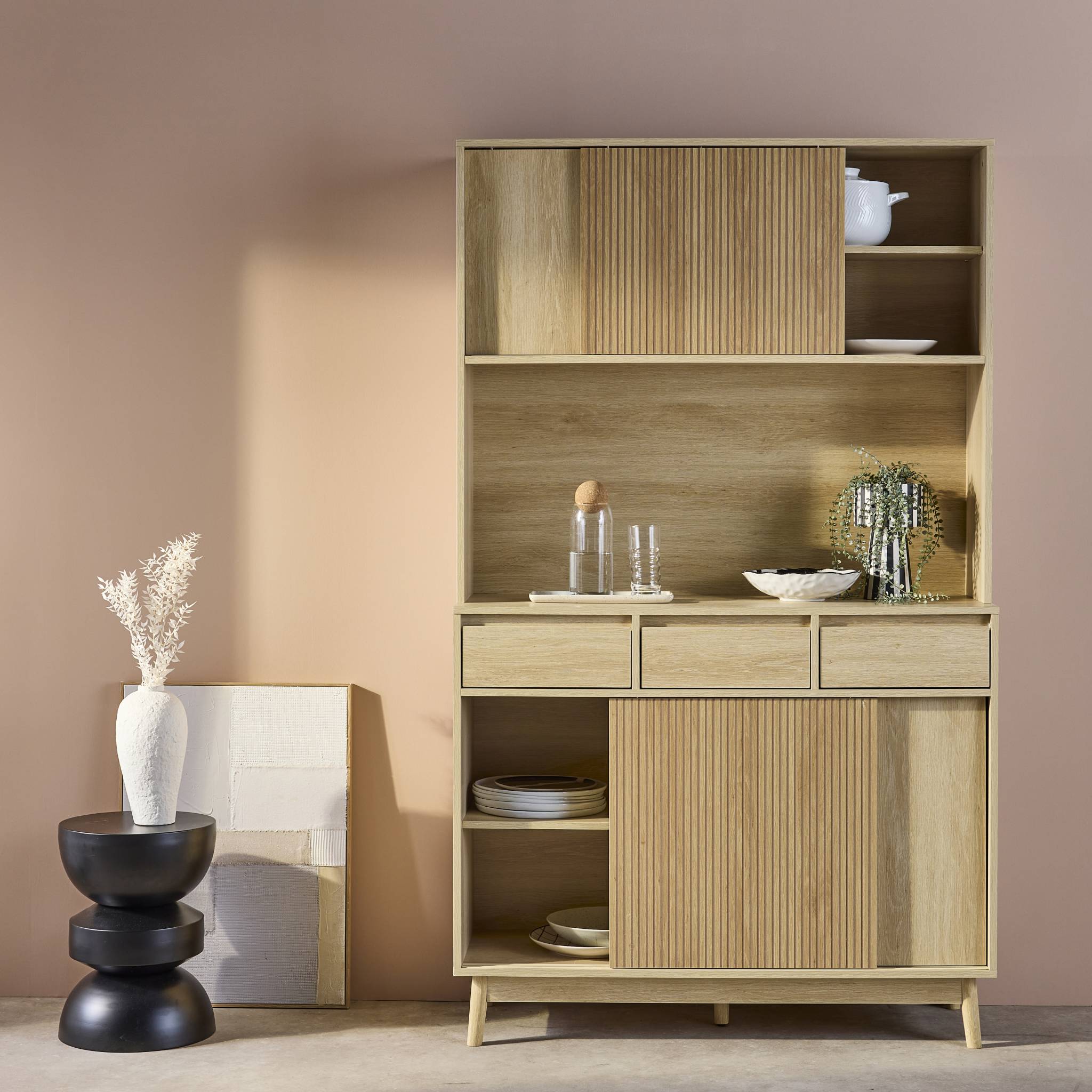 Buffet de cuisine LINEAR décor bois 4 portes 3 tiroirs 110 cm. Naturel. pieds en bois de pain revêtement papier