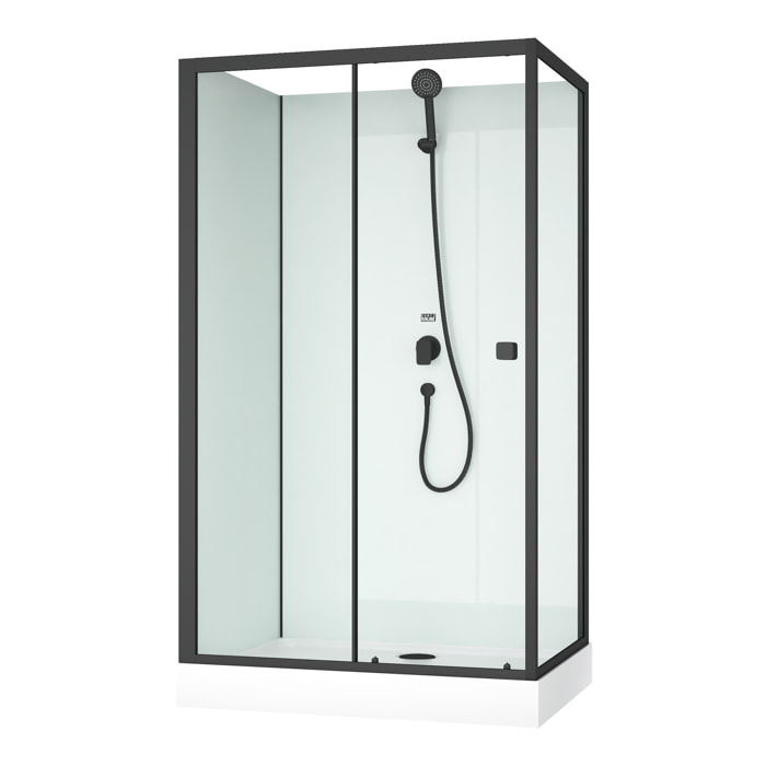 Cabine de douche rectangulaire 110x80x197 cm - Porte coulissante - Fonds Blancs & Profilés Noir Mat