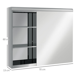 Armoire miroir salle de bain - meuble mural 2 étagères - dim. 70L x 13l x 60H cm - acier inox. verre