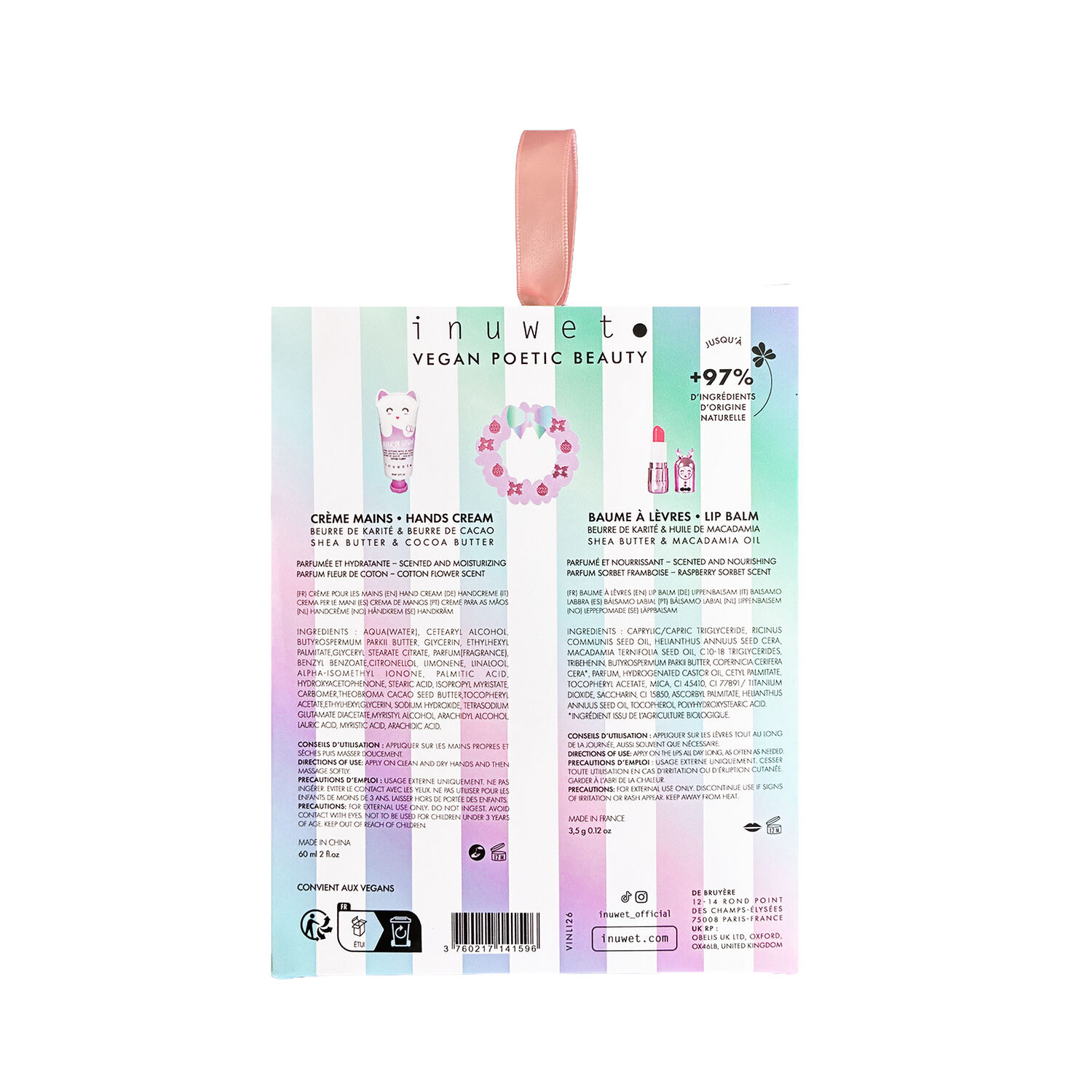 Rainbow - Coffret Crème Mains Fleur de Coton 60ml + Baume à Lèvres Sorbet Framboise