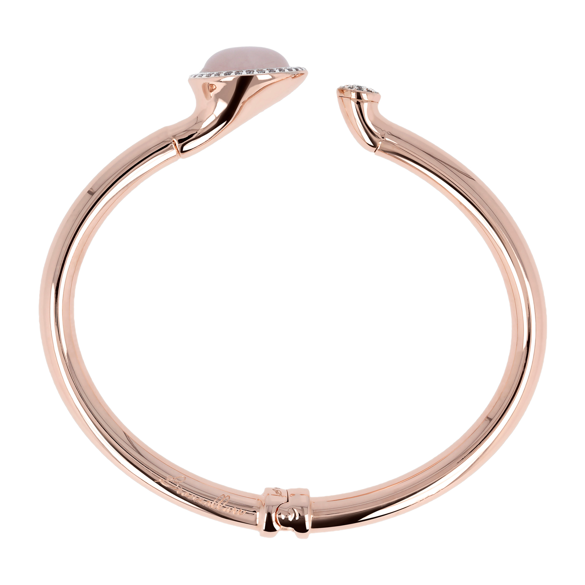 Bracciale Rigido con Pietra Naturale Tonda Quarzo Rosa e Pavé in Cubic Zirconia