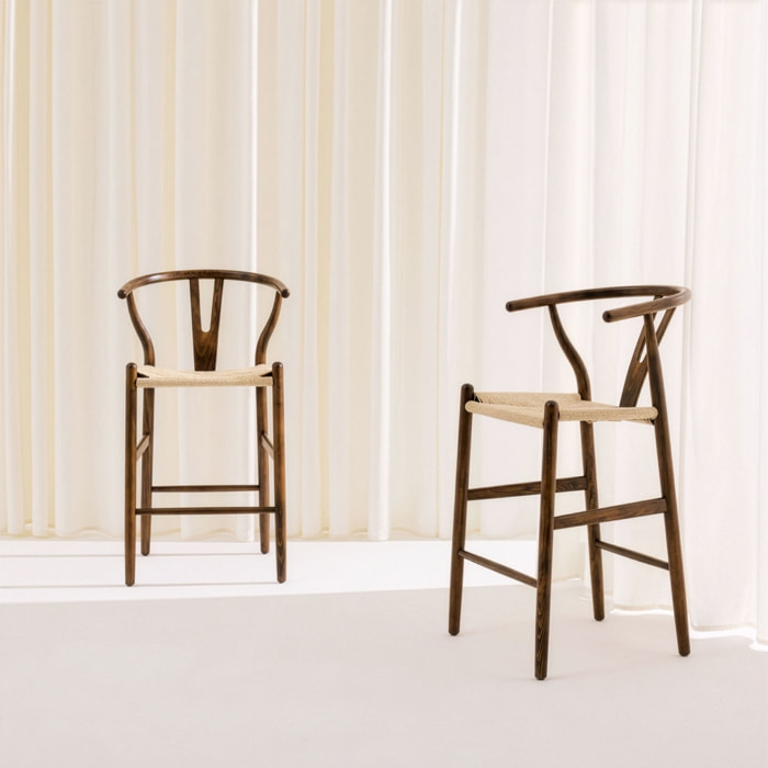 Tabouret de bar vintage bois de hêtre et cordes (lot de 2) CECILE