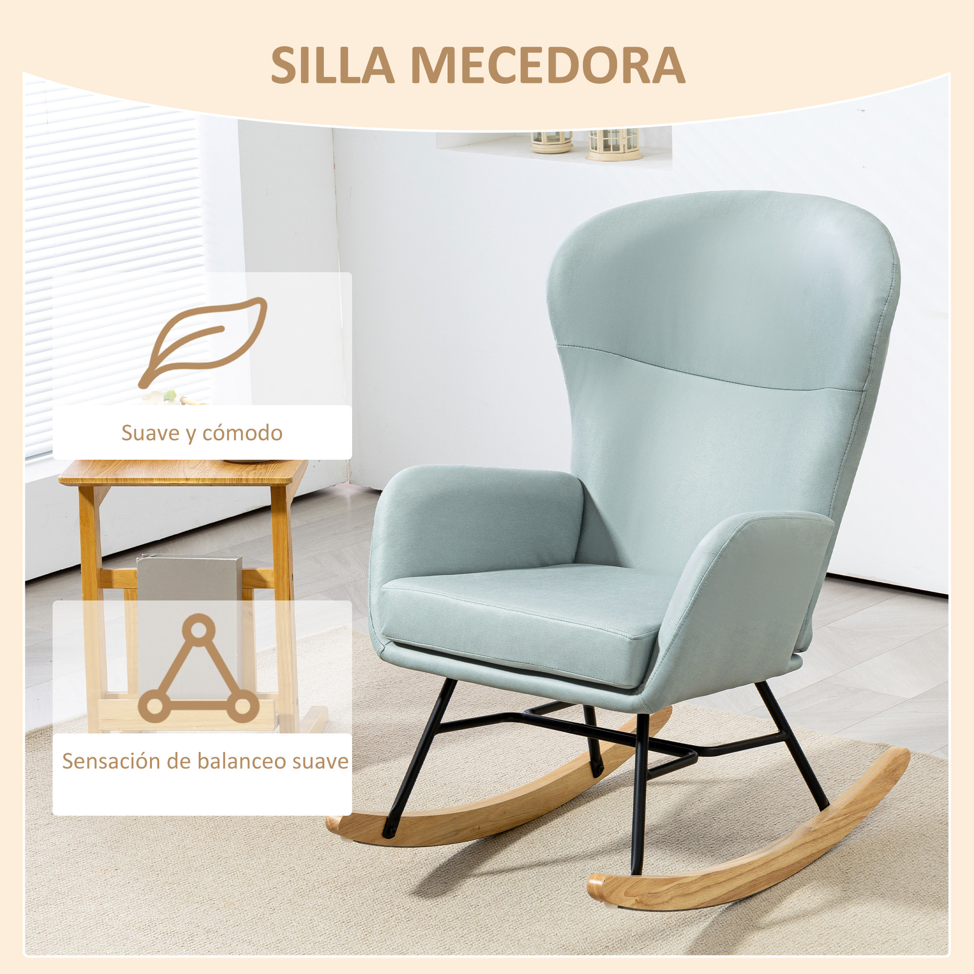 Mecedora Tapizada en Tejido Técnico Silla Mecedora con Patas de Madera de Haya Respaldo con Diseño Curvo y Reposabrazos Mecedora para Lactancia Carga 150 kg para Dormitorio Salón Verde Claro