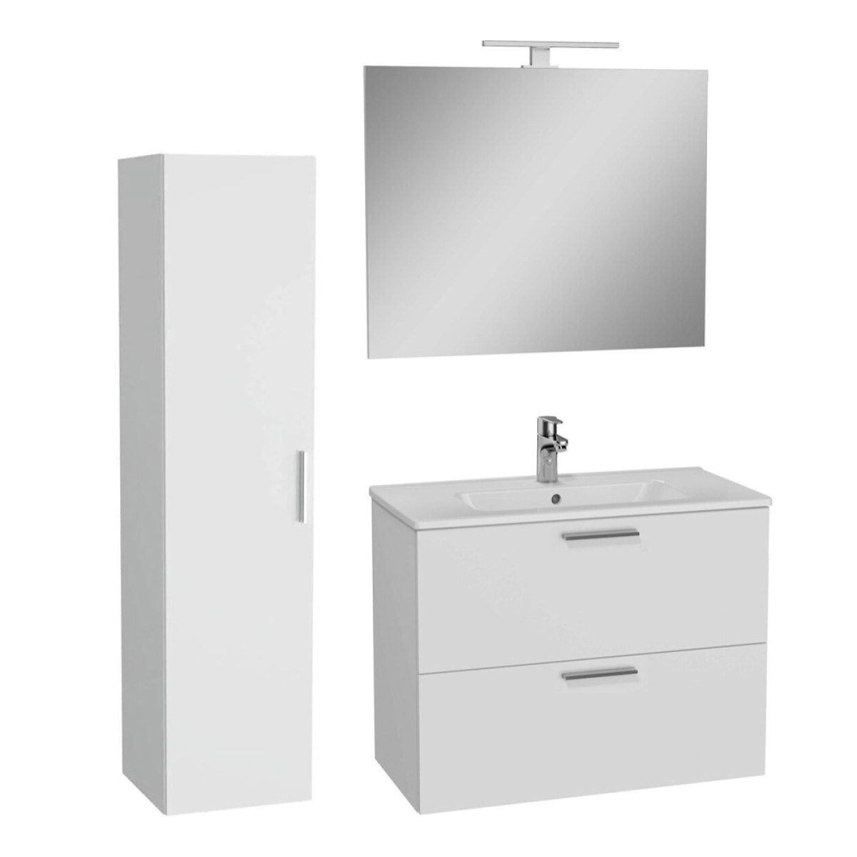 Set Mia ensemble meuble 79x61x39,5 cm  avec miroir, lavabo, éclairage LED + armoire 145x35x35cm, Blanc brillant