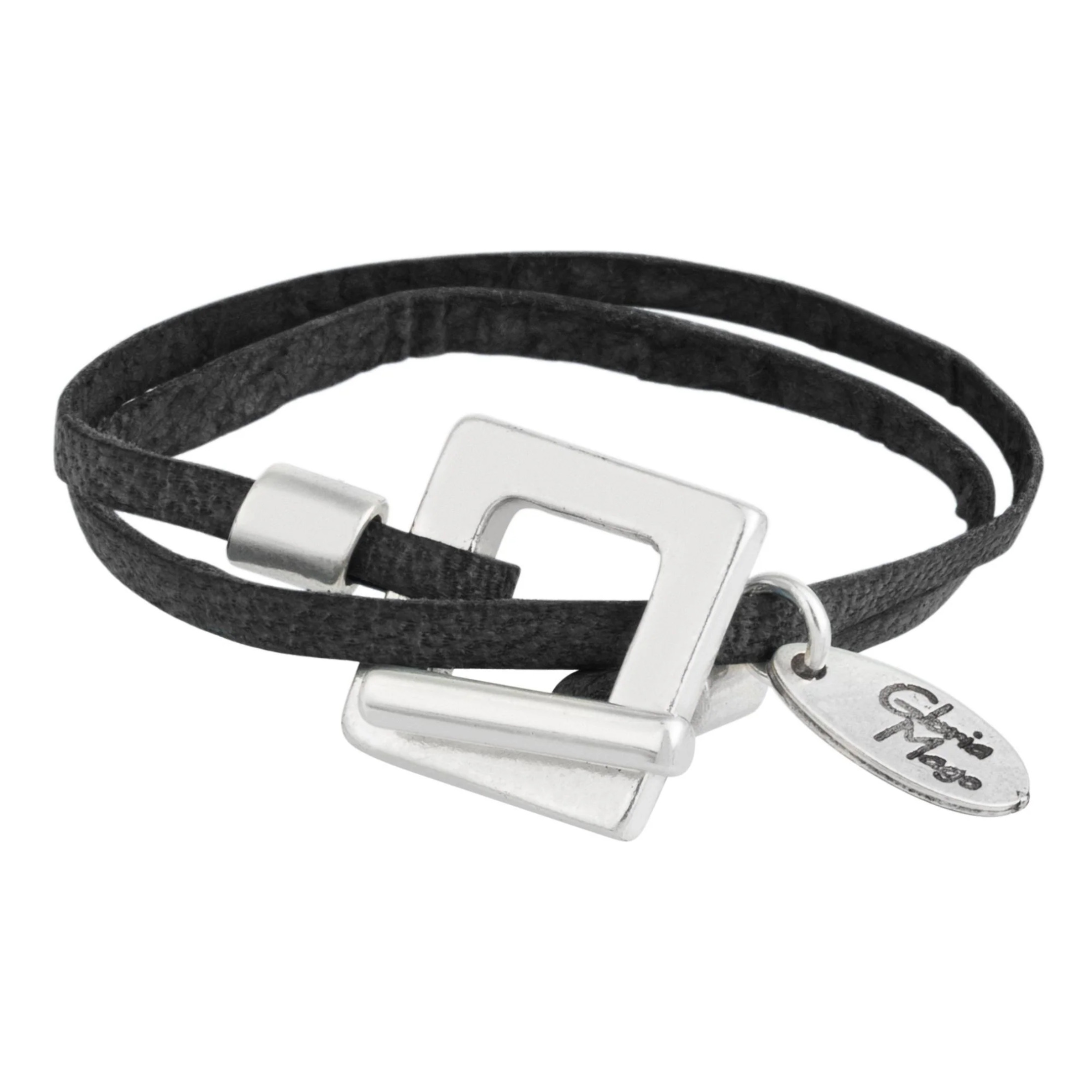 Pulsera piel negro y cierre cuadrado plata chapado