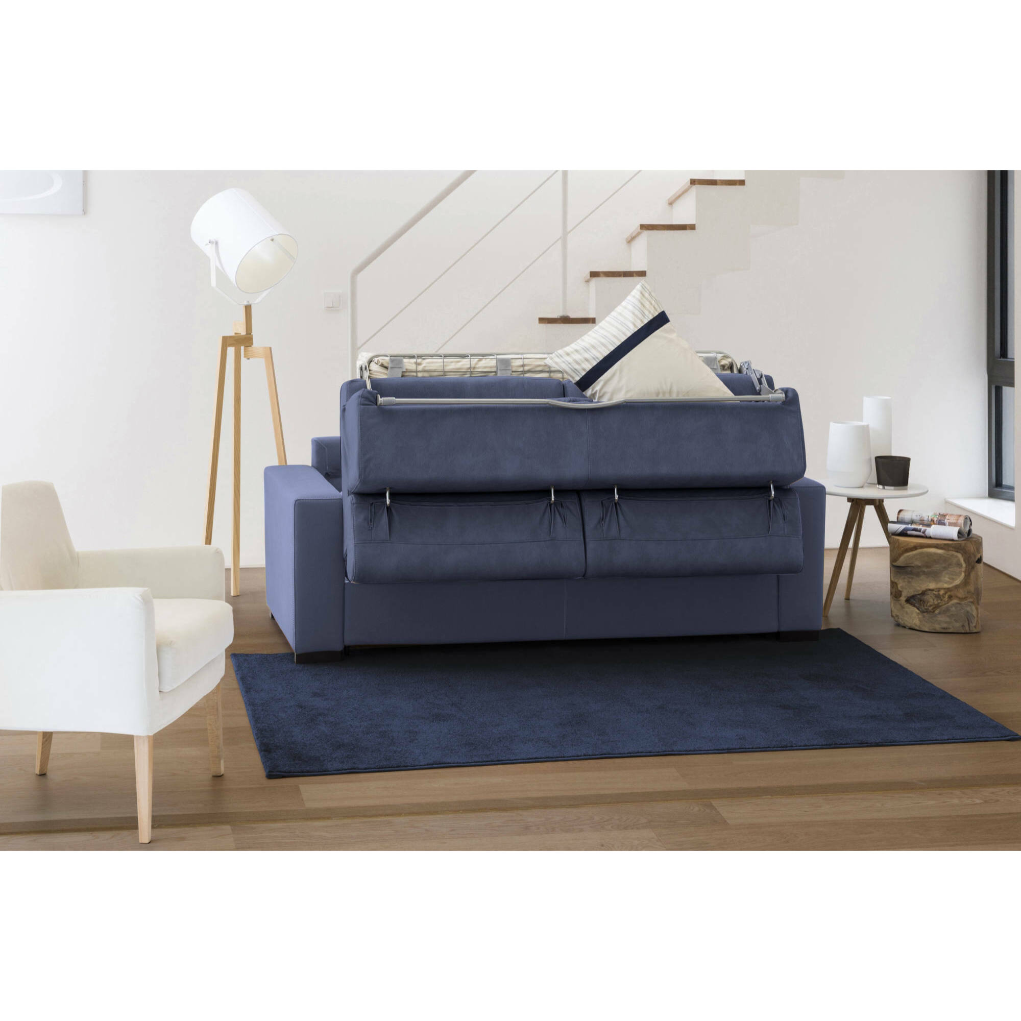 Divano Letto Alisea, Divano ad angolo, 100% Made in Italy, Sofà con apertura girevole, con Penisola contenitore reversibile, con Braccioli slim, Cm 260x95h90, Blu