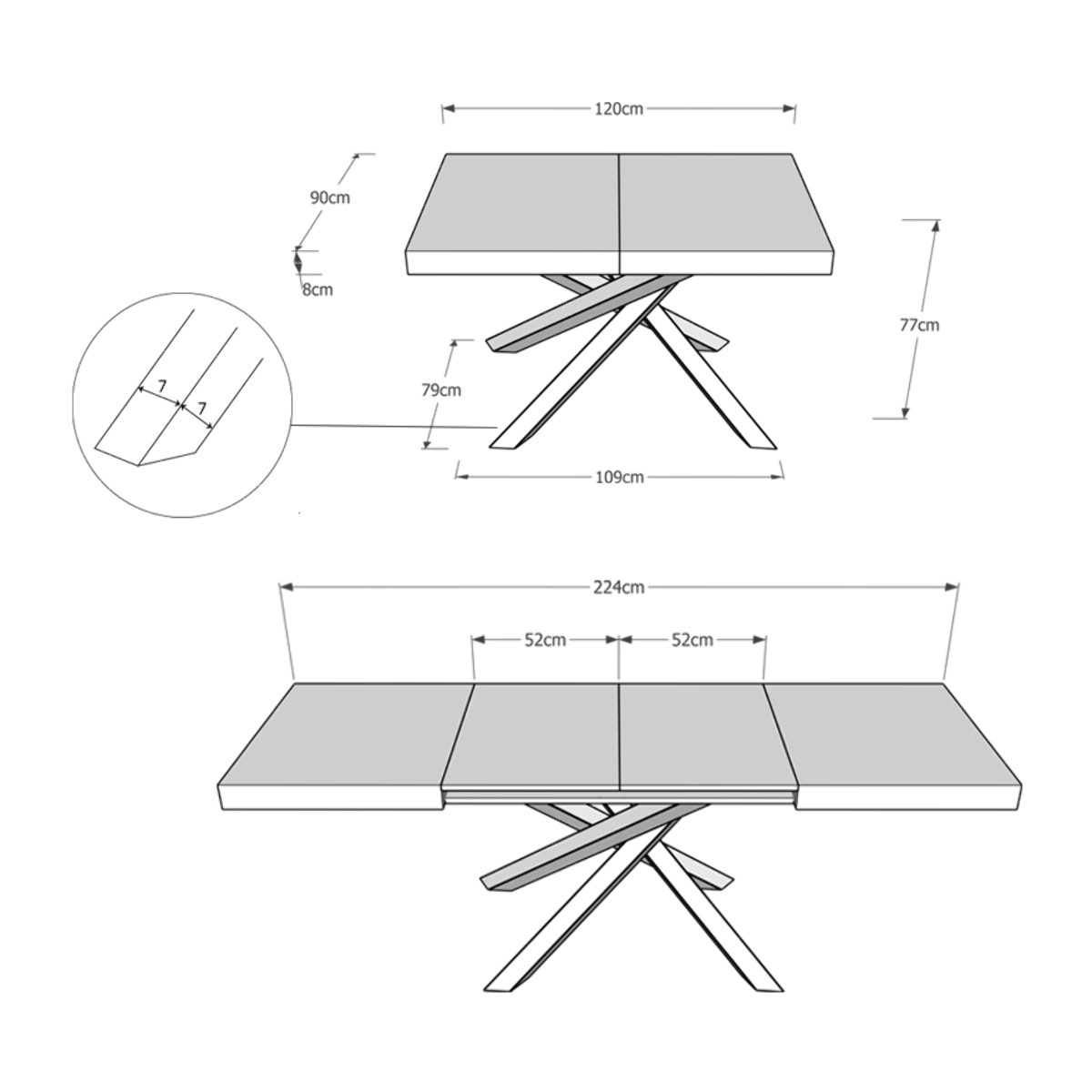 Table extensible 90x120/224 cm Volantis Chêne Nature cadre Anthracite