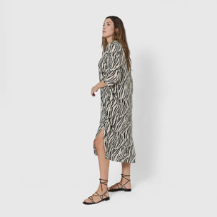 Vestido midi bambula detalles plisados yves beige/negro