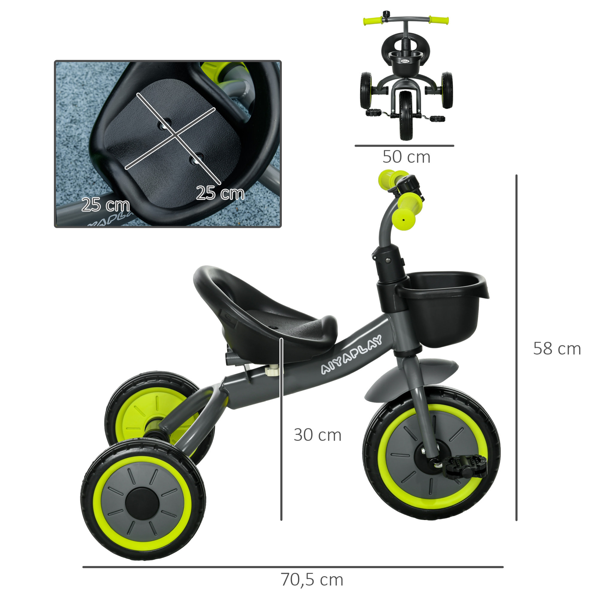 Tricycle enfant multi-équipé garde-boue sonnette panier pédales antidérapantes siège réglable avec dossier métal noir