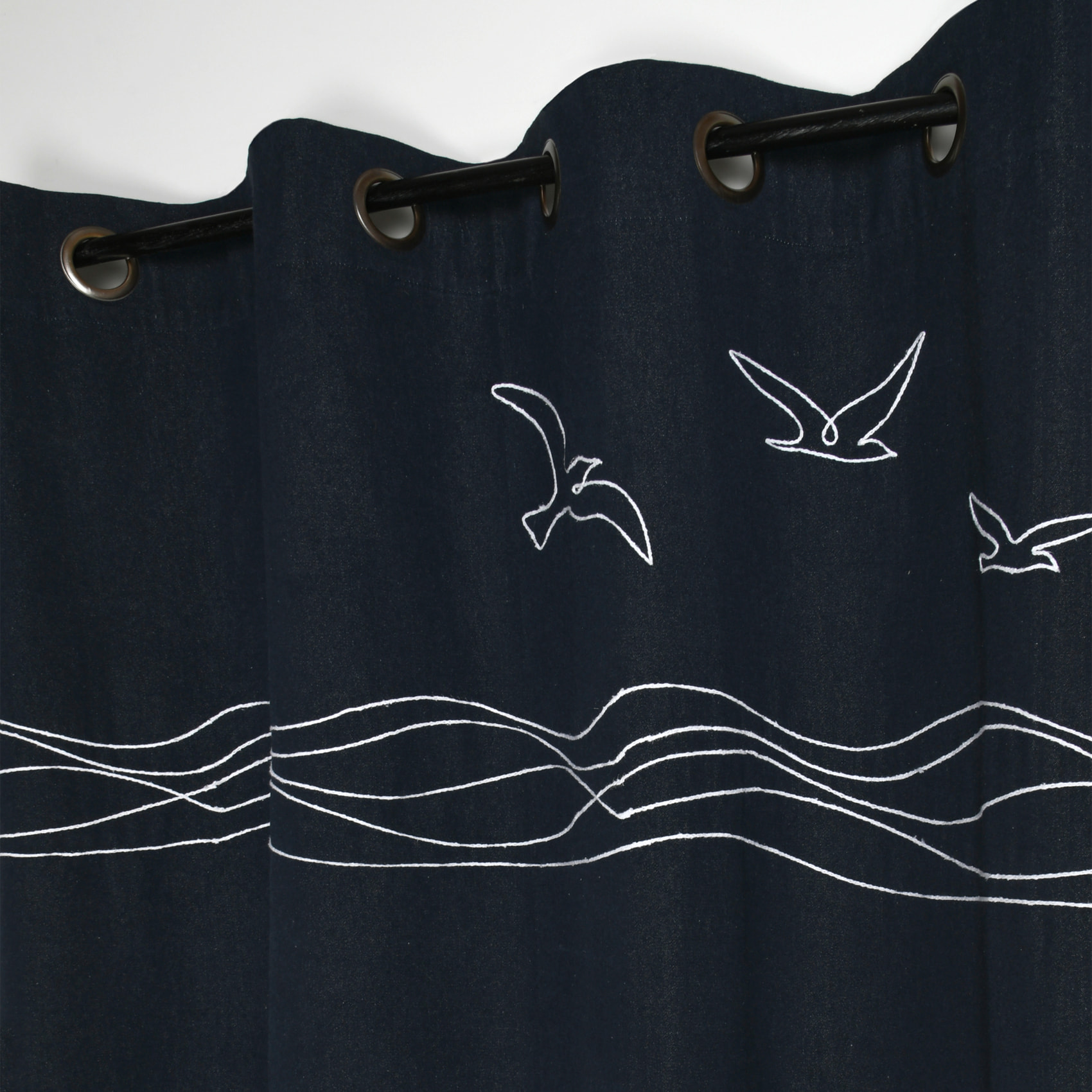 Rideau tamisant polycoton à œillets motif bord de mer - Bleu Marine