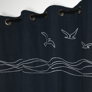 Rideau tamisant polycoton à œillets motif bord de mer - Bleu Marine