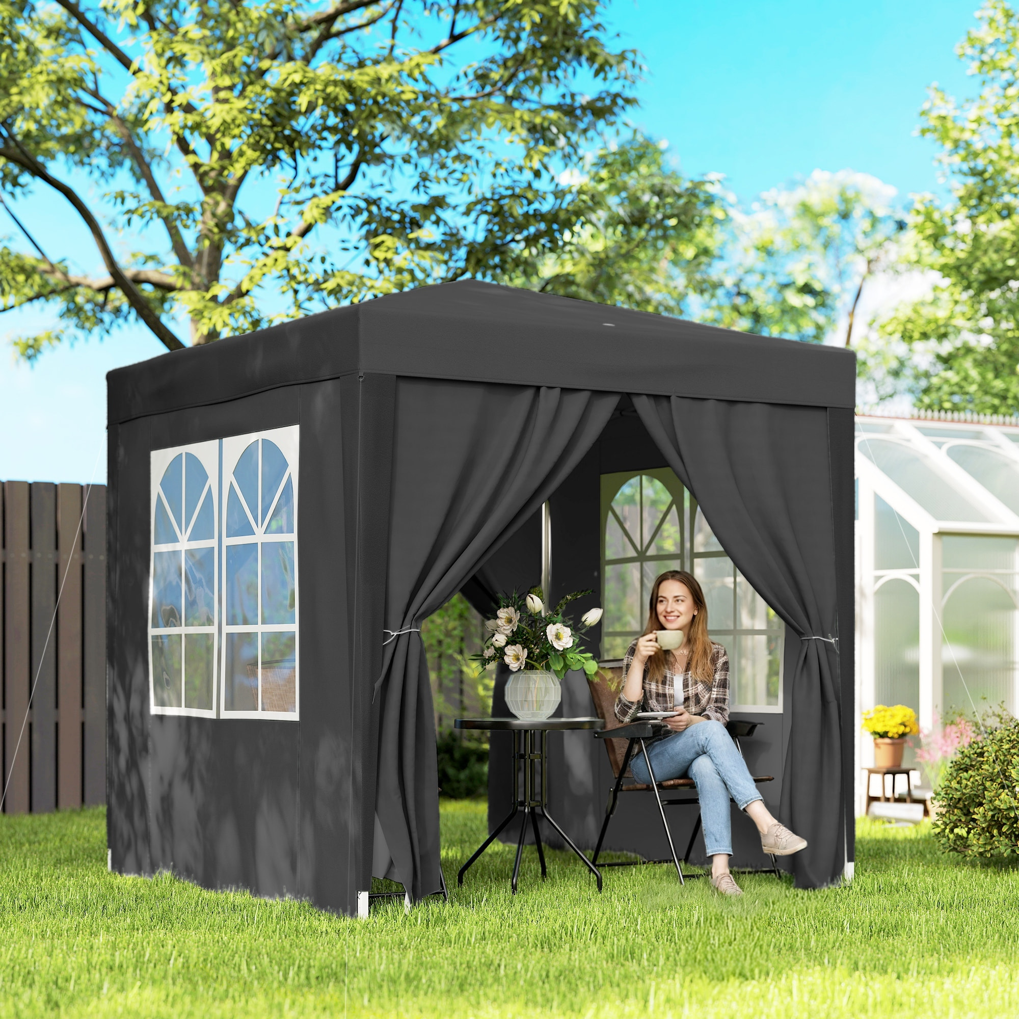 Tonnelle de jardin tente pliante barnum pop-up 2 x 2 m 4 parois latérales amovibles 2 fenêtres sac de transport noir