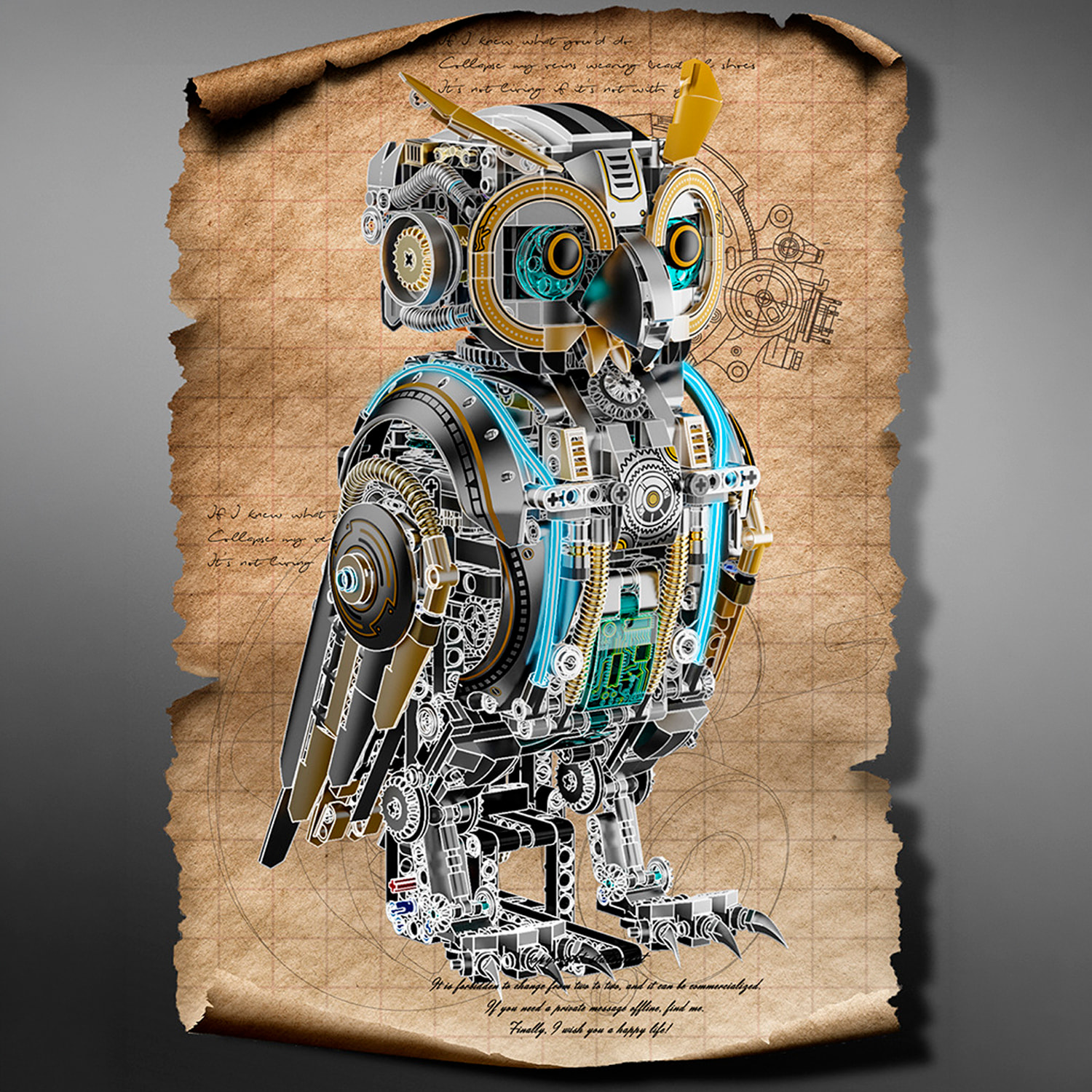 Maqueta 3D mecanizada de buho con 1296 piezas, equipada con luces y mecanismo de manivela que permite movimiento dinámico.