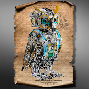 Maqueta 3D mecanizada de buho con 1296 piezas, equipada con luces y mecanismo de manivela que permite movimiento dinámico.