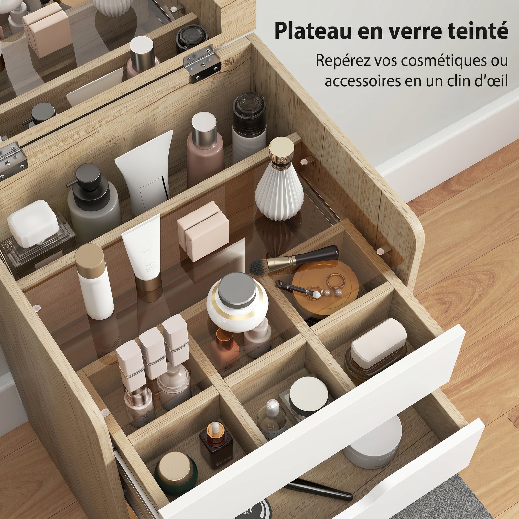 Coiffeuse chevet bureau d'appoint avec tabouret 3 en 1 multi-rangement