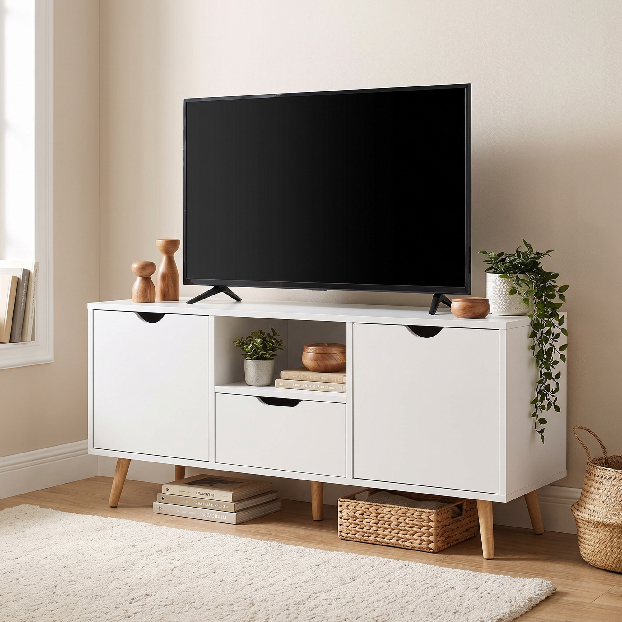 Meuble TV banc TV style scandinave 2 portes tiroir niche piètement bois de pin panneaux blanc