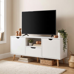 Meuble TV banc TV style scandinave 2 portes tiroir niche piètement bois de pin panneaux blanc