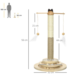 Árbol Rascador para Gatos de Madera Altura 56 cm Torre para Gatos Centro de Actividades para Gatitos con Poste de Yute y Sisal Bolas para Jugar Ø32x56 cm Natural