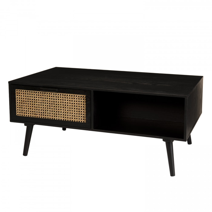 EMILIO - Table basse noire bois 2 tiroirs cannage 1 niche