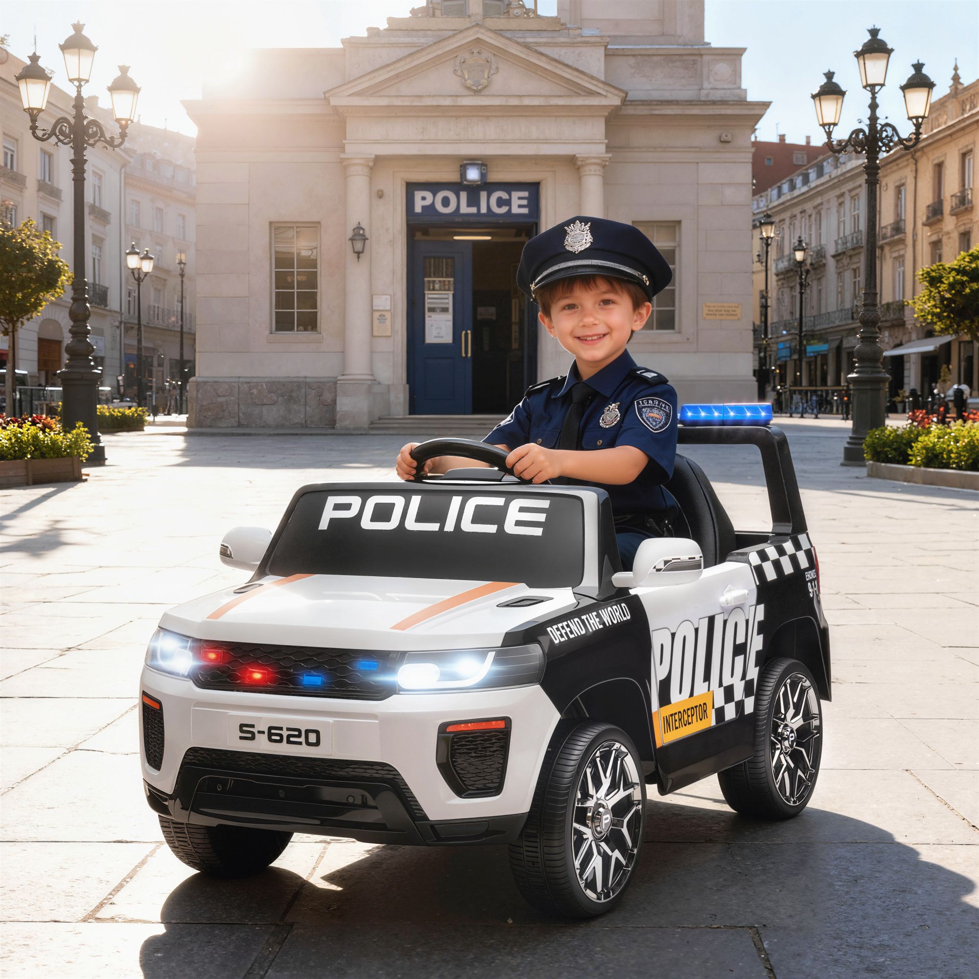 Coche Eléctrico para Niños de Policía, Coche de Batería 12V, con Motor Doble, Mando a Distancia 2,4 G, Suspensión en 4 Ruedas, Sirena, Faros LED, Puerto USB, Blutooth y Música, Blanco