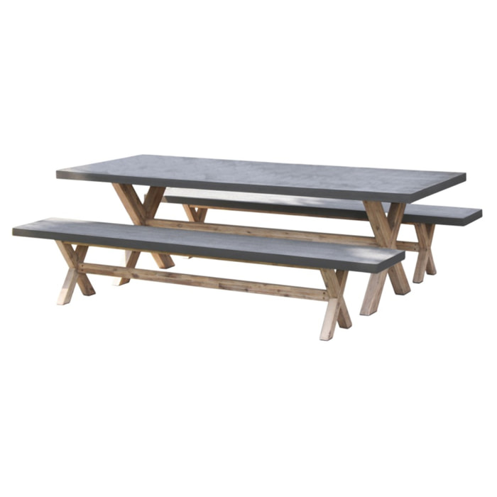 HECTOR - SALON DE JARDIN EN FIBRE DE BETON ET ACACIA 8 pers - Ensemble jardin - 1 Table rectangulaire 200*100 cm et 2 bancs