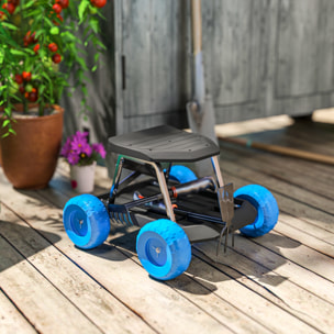Tabouret de jardinage - siège de jardin sur roues - plateau à outils intégré - bleu noir