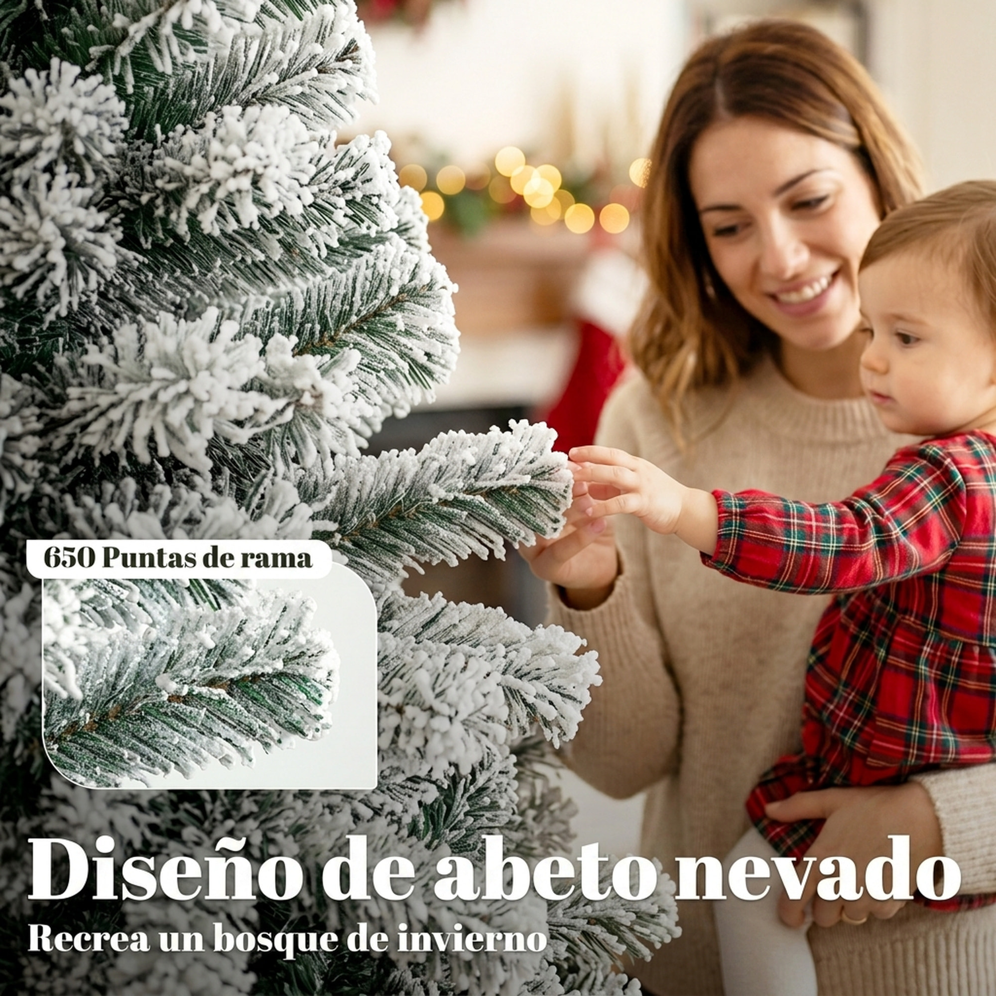 Árbol de Navidad Nevado de 180 cm, Árbol de Navidad de Abeto con Ramas Articuladas, 650 Puntas de PVC Ignífugo, Montaje Rápido, Soporte de Acero Plegable, Verde y Blanco