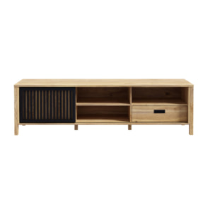 Meuble TV L175 cm 4 niches 1 tiroir décor bois chêne et noir - BOSTON