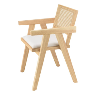 AGATHE - Fauteuil bois d'Hévéa assise tissu blanc dossier rotin naturel