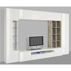 Parete attrezzata da soggiorno, Made in Italy, Base porta TV e pensili e scaffali, Set salotto moderno, cm 290x40h192, colore Bianco lucido e Cemento