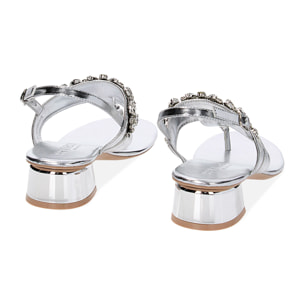 Sandali argento in laminato con pietre, tacco 4 cm