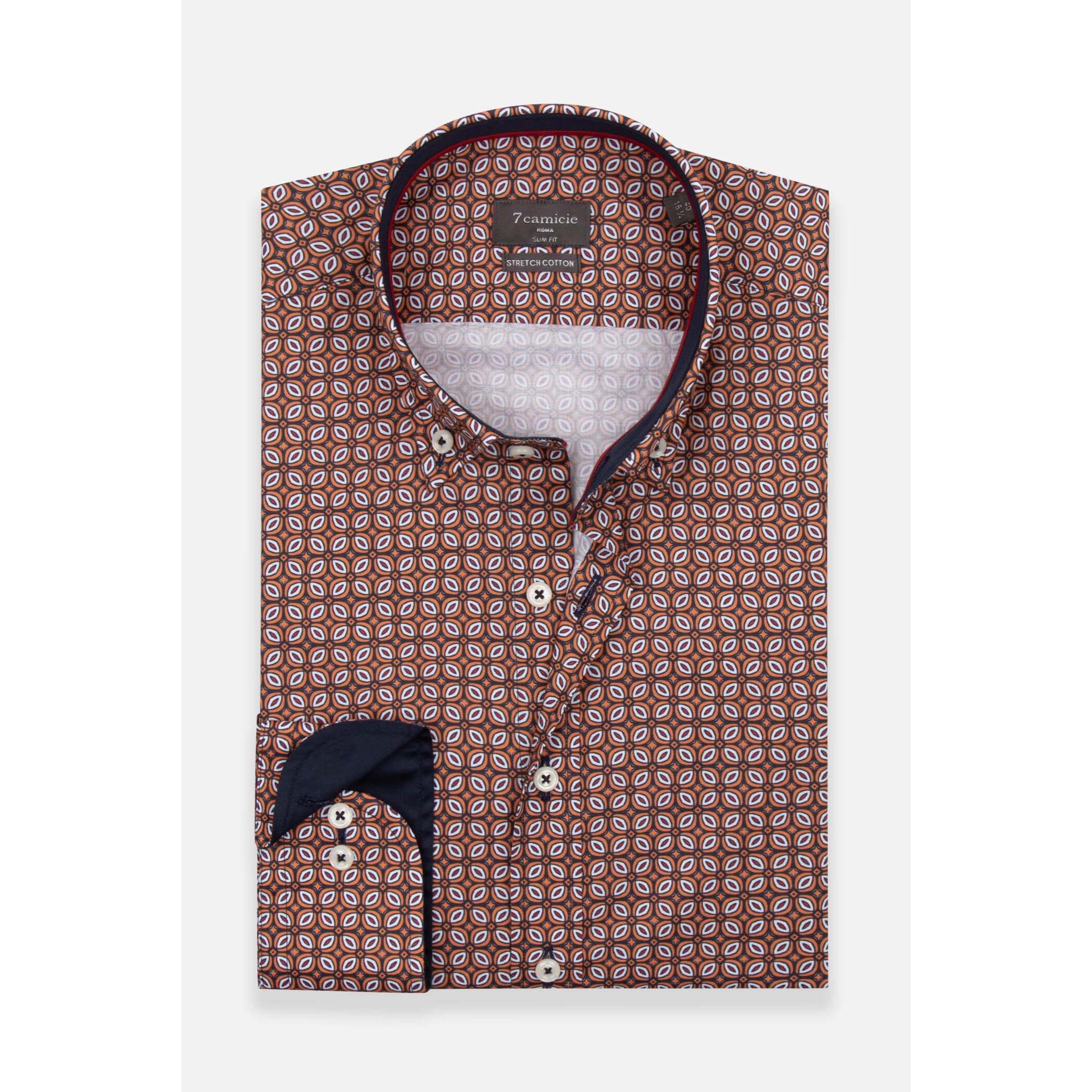 camicia uomo 1 bottone button down slim Popeline Stretch Stampato Blu/Arancio