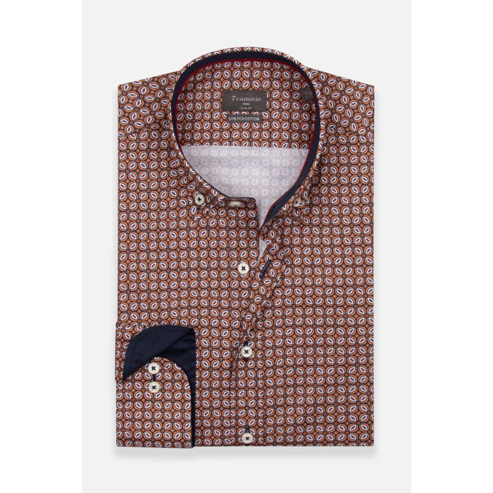 camicia uomo 1 bottone button down slim Popeline Stretch Stampato Blu/Arancio