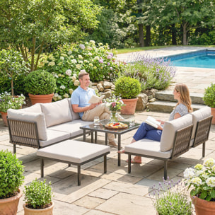 Conjunto de Muebles Jardín Exterior de 6 Piezas Sofá Exterior Seccional Forma de L con Sofá de 2 Plazas Módulo de Esquina 2 Sillones Reposapiés Mesa con Tapa de Vidrio y Cojines Gris Claro
