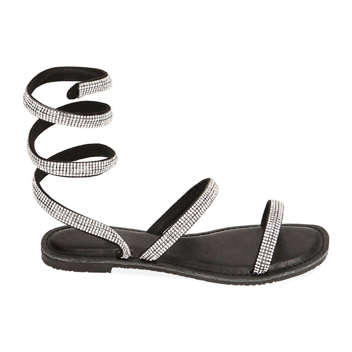Sandalias planas negras de microfibra con piedras