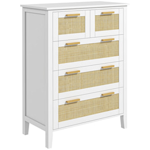 Commode 5 tiroirs cannage en rotin dim. 77L x 37l x 104H cm MDF blanc bois de pin