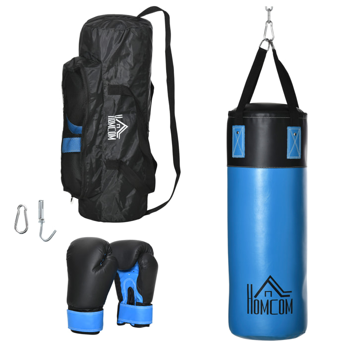 Saco de Boxeo Profesional Punching Bag con Guantes de 8 oz Gancho y Bolsa de Almacenaje Saco de Arena de Entrenamiento para Adultos y Adolescentes Ø25x102 cm Azul
