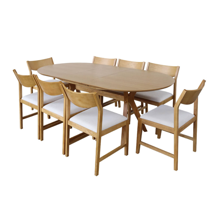 Table à manger oblongue extensible. 160-200cm + 8 chaises en bois d'hévéa et tissu beige