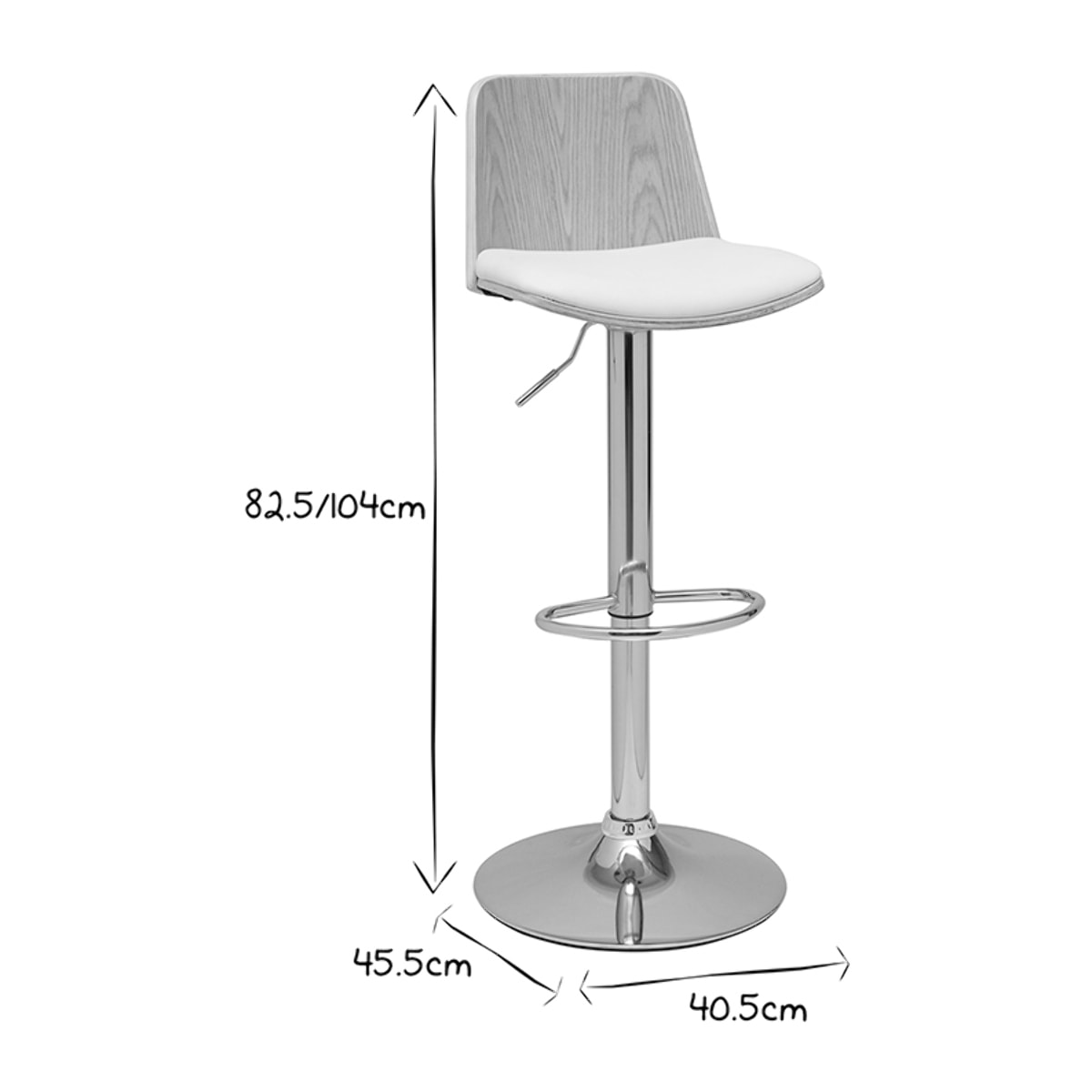 Tabouret de bar réglable blanc, bois clair et pied chromé DOA