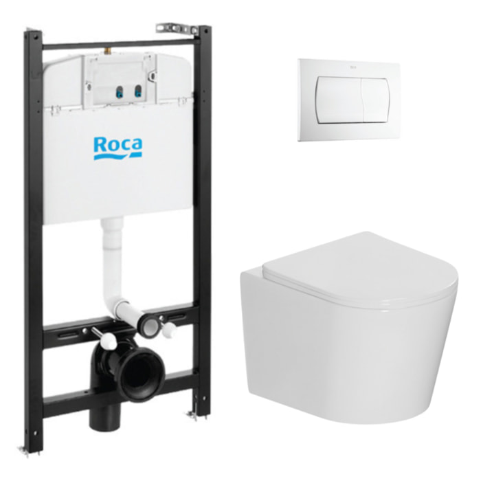 Active Pack WC bâti-support + WC suspendu sans bride Tornado Rimless + abattant SoftClose + plaque blanche (ROCACETOR1)
