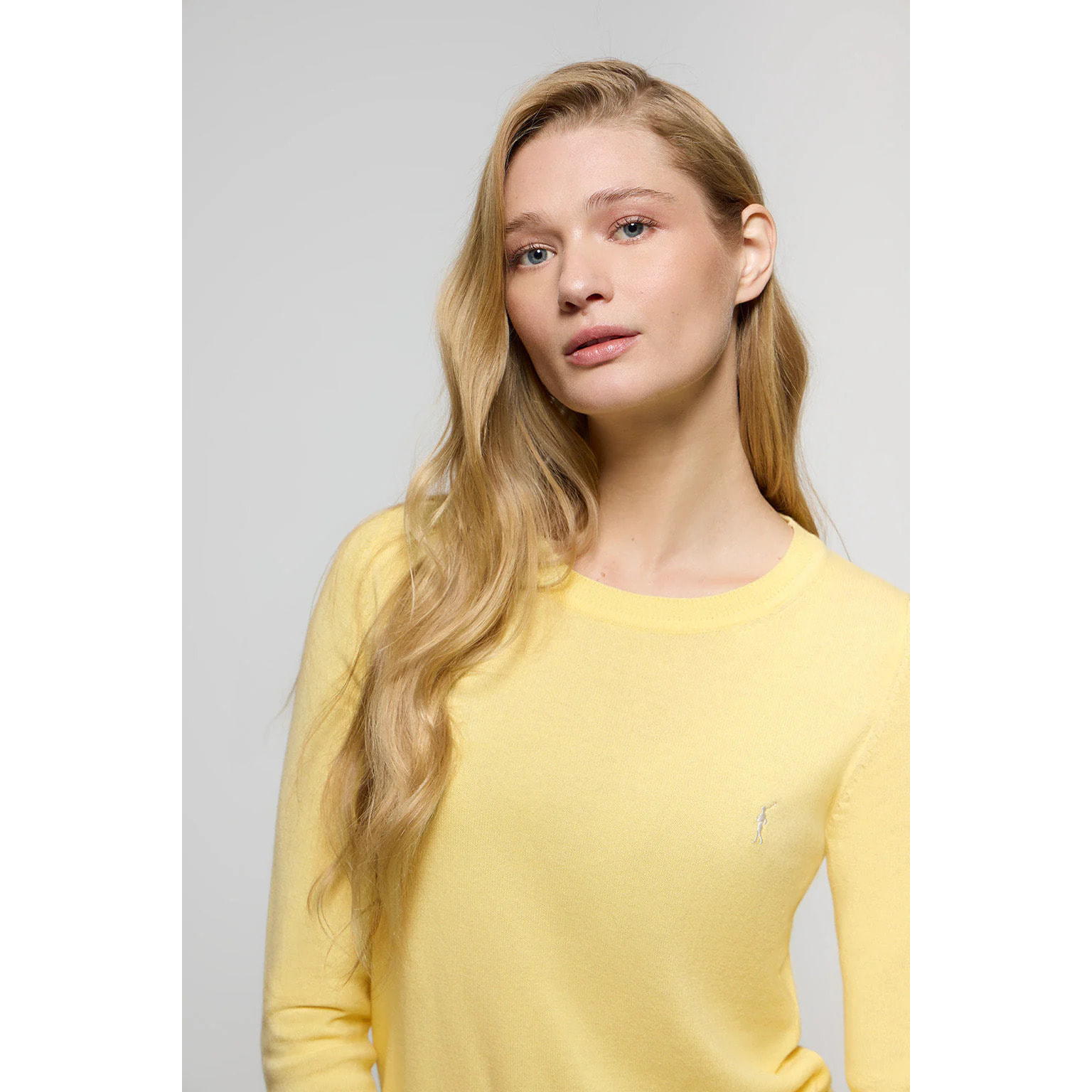 Maglione giallo leggero in filo basic a girocollo e logo Rigby Go